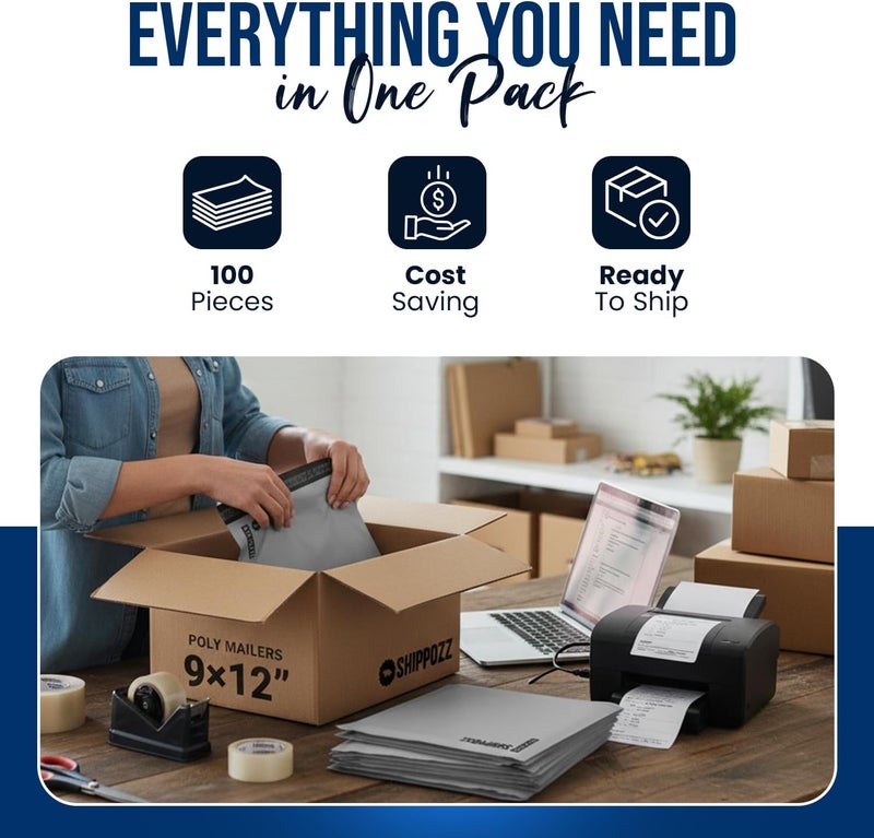 Shippozz 9x12 Poly Mailers 100 Pack, Durable Waterproof Polymailers for Shipping Clothes, Self Seal Mailing Bags for Small Business Packaging Supplies, Mailing Envelopes for Books, and Accessories - Image 4